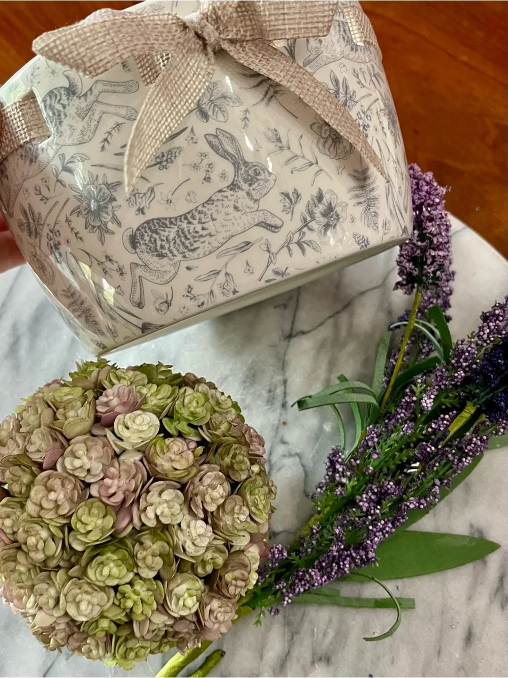 3Pc Vignette Grey Bunny Toile Ceramic Basket w Faux Floral Ball & Lavender Sprig